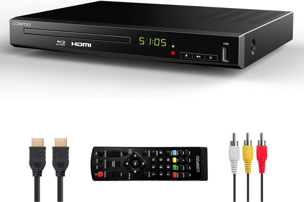 HD Blu-Ray Disc Player for TV with HDMI and AV Cables, 1080P, Built-in PAL NTSC, Coaxial Output, USB Input