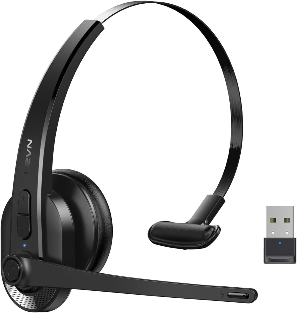 LEVN Wireless Headset with Mic for Work, Bluetooth Headset with Microphone-AI Noise Cancelling, Single-Ear Wireless Headphones with Mic & USB Dongle for PC/Computer/Call Center/Laptop/Teams/Zoom/Home