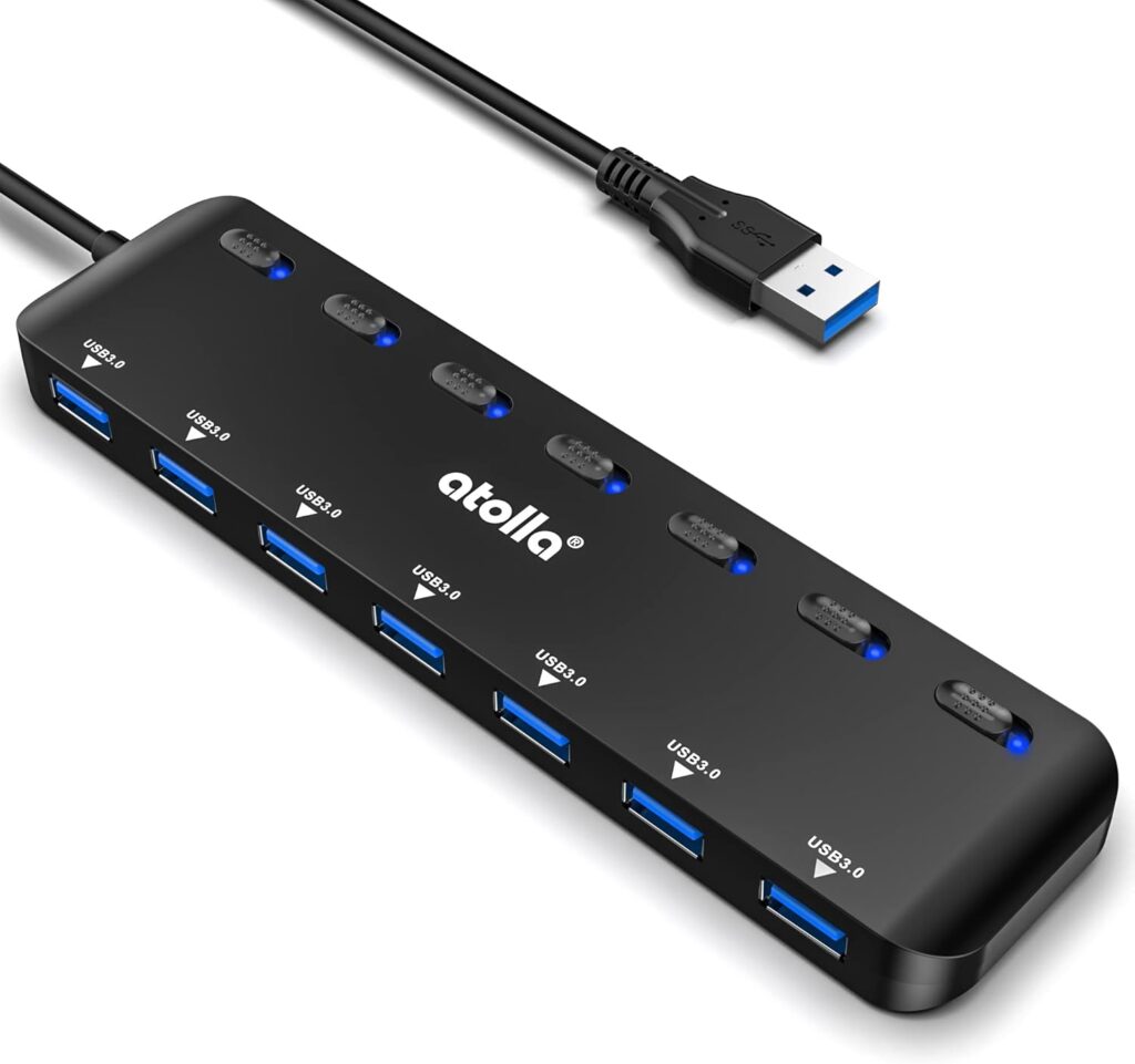 atolla USB 3.0 hub, 7 ports, Multi USB 3.0, SuperSpeed 5 Gbit/s, USB adapter with 7 switches and individual indicators, compatible with Windows, Mac OS, Linux and other operating systems
