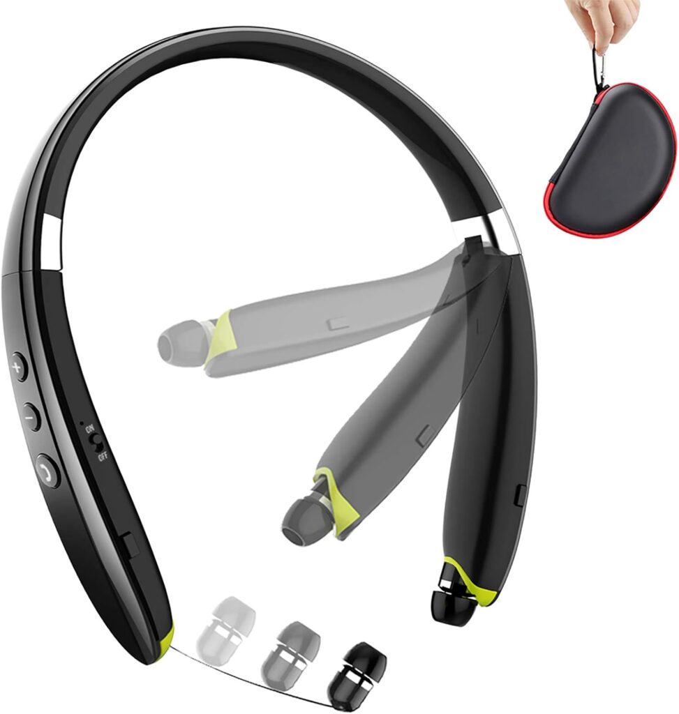 Bluetooth Headphones, Upgraded Foldable Wireless Neckband Headset with Retractable Earbuds, Noise Cancelling Stereo Earphones with Mic for Workout, Running, Driving (with Carry Case)