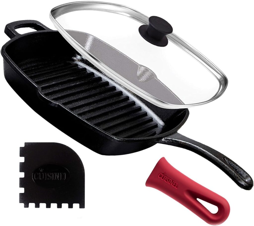 Cuisinel Cast Iron Square Grill Pan + Glass Lid + Pan Scraper + Handle Cover – 10.5″ Pre-Seasoned Ridged Skillet – Grill, Stovetop, Fire, Indoor/Outdoor Use – for Grilling, Frying, Sauteing