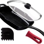 Cuisinel Cast Iron Square Grill Pan + Glass Lid + Pan Scraper + Handle Cover – 10.5″ Pre-Seasoned Ridged Skillet – Grill, Stovetop, Fire, Indoor/Outdoor Use – for Grilling, Frying, Sauteing