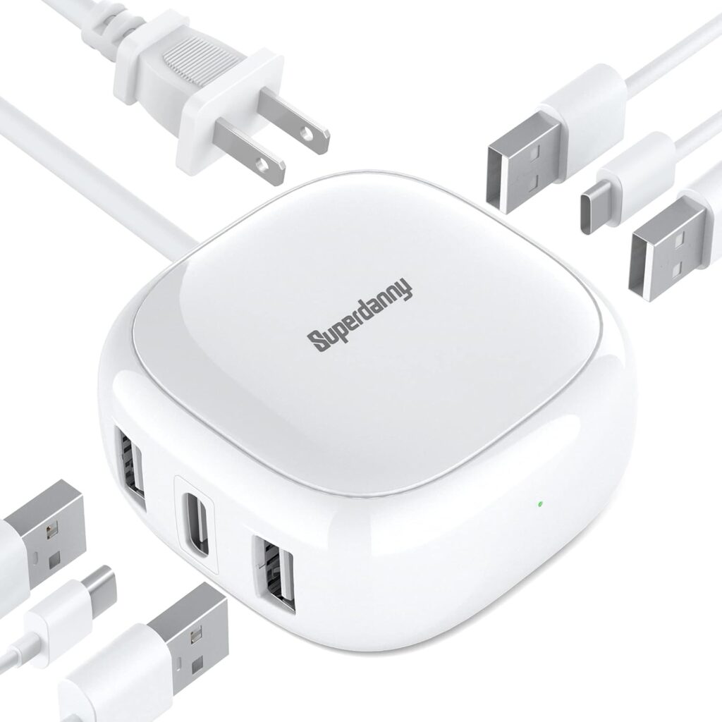SUPERDANNY 6-Port USB Charger, 40W 8A Mini USB Charging Station, Charging Station for Multiple Devices, 4ft Cable, Compatible with iPhone, iPad, Galaxy, Pixel, for Travel, Cruise, White