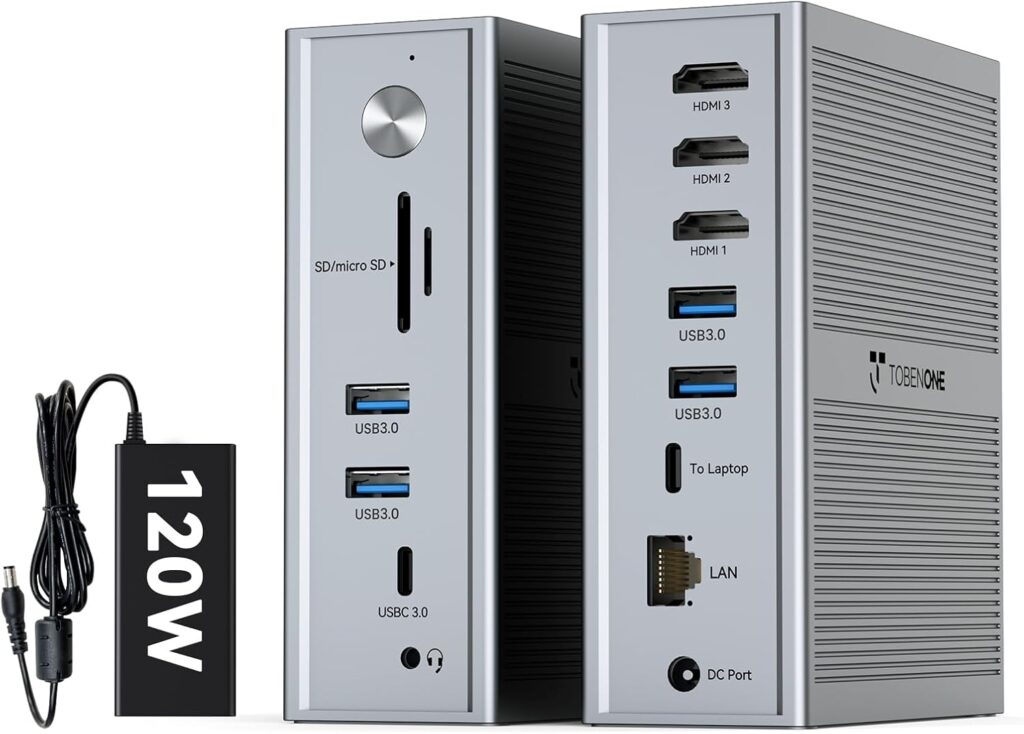 TobenONE DisplayLink Docking Station 3 Monitors, 14-in-1 USB C Triple Monitor Docking Station for M1 M2 M3 M4 MacBook/Mac mini, Windows, Chrome (3HDMI, 120W Power Supply, 5 USB, Ethernet, SD/Micro SD