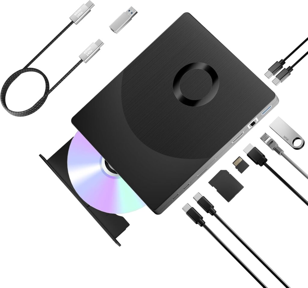 8 in 1 External Blueray/DVD Drive for PC, External CD/DVD Drive for Laptop Support 100G Disc 3D, Bluray Burner with HDMI/LAN/USB 3.0/Type-C/SD/TF Port, Blu-ray Player for Windows XP/7/8/10/11 MacOS