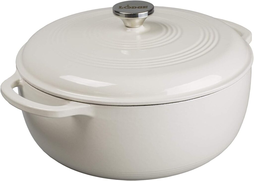 Lodge 7.5 Quart Enameled Cast Iron Dutch Oven with Lid – Dual Handles – Oven Safe up to 500° F or on Stovetop – Use to Marinate, Cook, Bake, Refrigerate and Serve – Oyster White