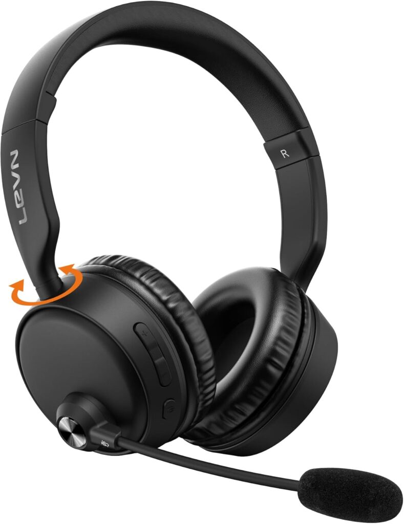LEVN Bluetooth Headset with Microphone, 60 Hrs Working Time Dual Connection Bluetooth Headphones with Mic, Wireless Headset with Mic for Work/Video Meetings/Phone/Call Center/PC/Music/Zoom/Teams