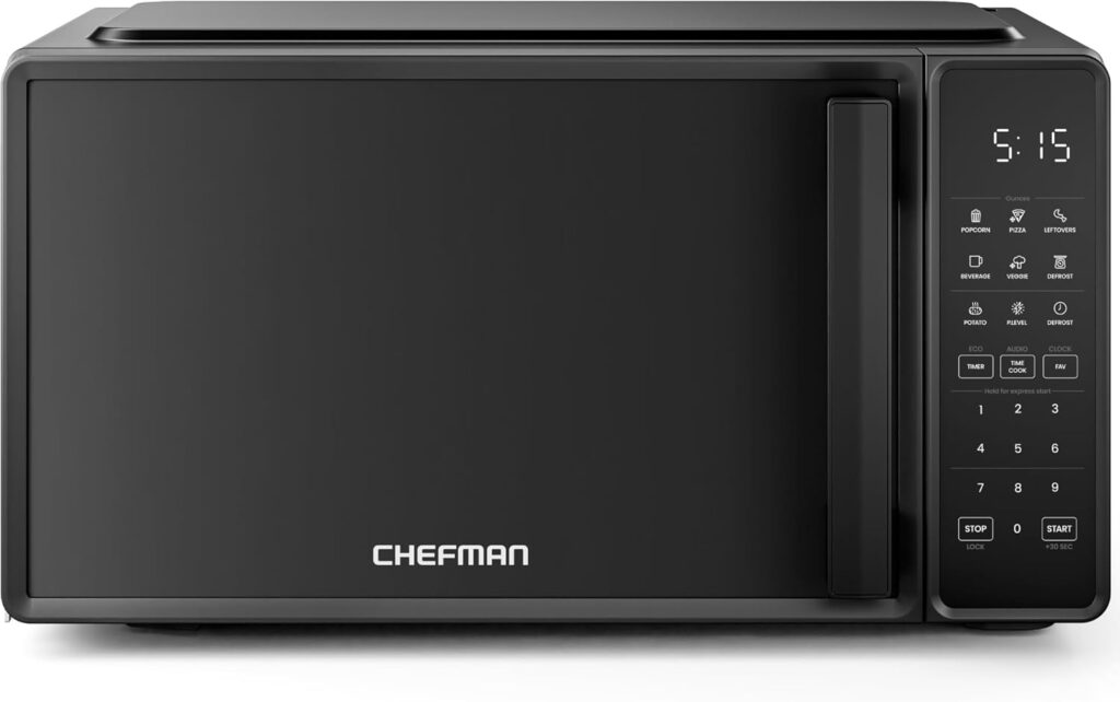 Chefman Countertop Microwave Oven 0.7 Cu. Ft., 700 Watts with 10 Power Levels, 6 Cooking Presets with One-Touch Express Cook, Eco Mode, Child Safety Lock, & Mute Button – Black