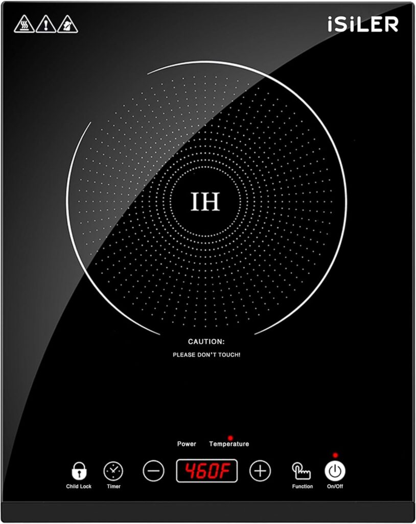 Portable Induction Cooktop, iSiLER 1800W Sensor Touch Electric Induction Cooker Hot Plate with Kids Safety Lock, 6.7″ Heating Coil, 18 Power 17 Temperature Setting Countertop Burner with Timer