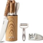 Knife Set,GOODA 9 Piece Kitchen Knife Set with Block and Sharpener, Anti-Rust Stainless Steel Cooking Knives Set for Kitchen, Chef Knife Block Set