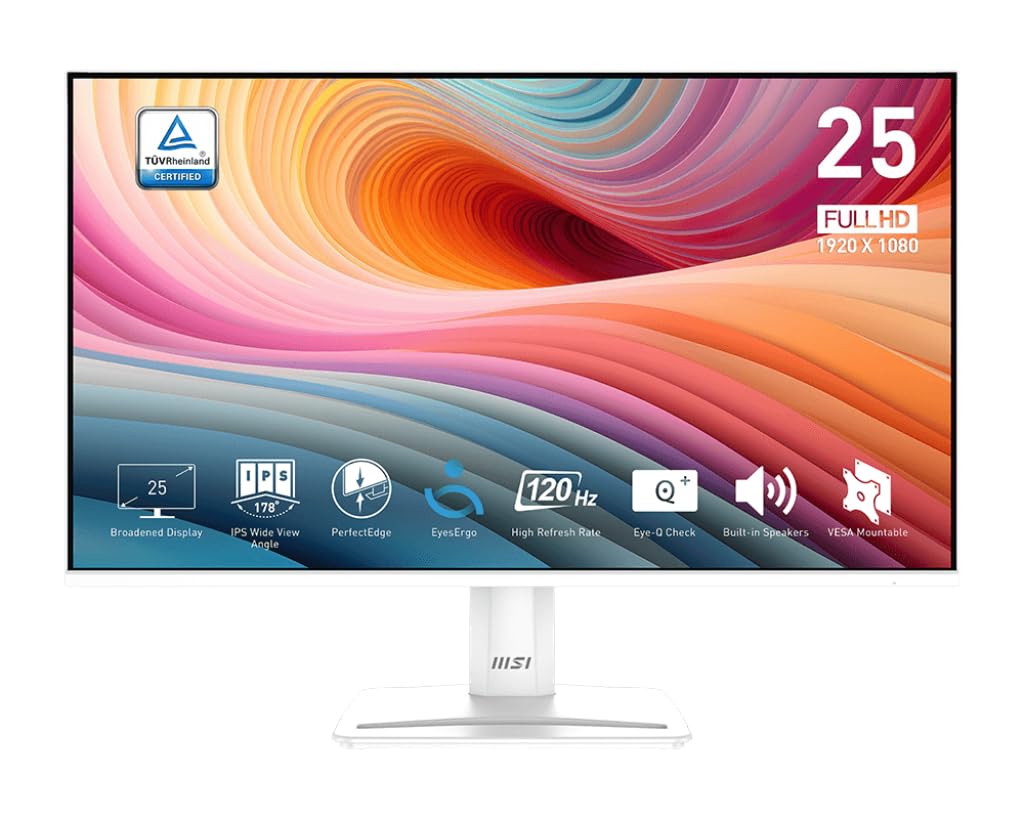 MSI PRO MP251W E2 24.5-inch IPS 1920 x 1080 (FHD) Gaming Office Monitor, 120Hz, Adaptive-Synch, HDR Ready, HDMI, VGA Port, Display Port,VESA Mountable, Tilt, Speaker, 4-Side Slim Bezel,1ms, White