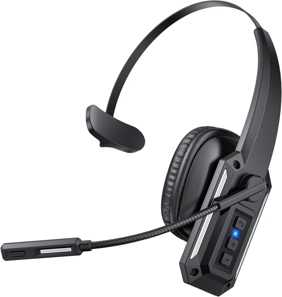 Trucker Bluetooth Headset, Bluetooth Headset with Noise Cancelling Microphone & Mute Button, 60Hrs Working Time, Wireless On-Ear Headphones with Mic for Work/Cellphone/Laptop/Office – Black