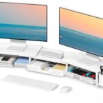 White Dual Monitor Stand Riser, Metal Desk Organizers and Accessories with Drawer and 2 Pen Holders, Computer Monitor Stand for Desk