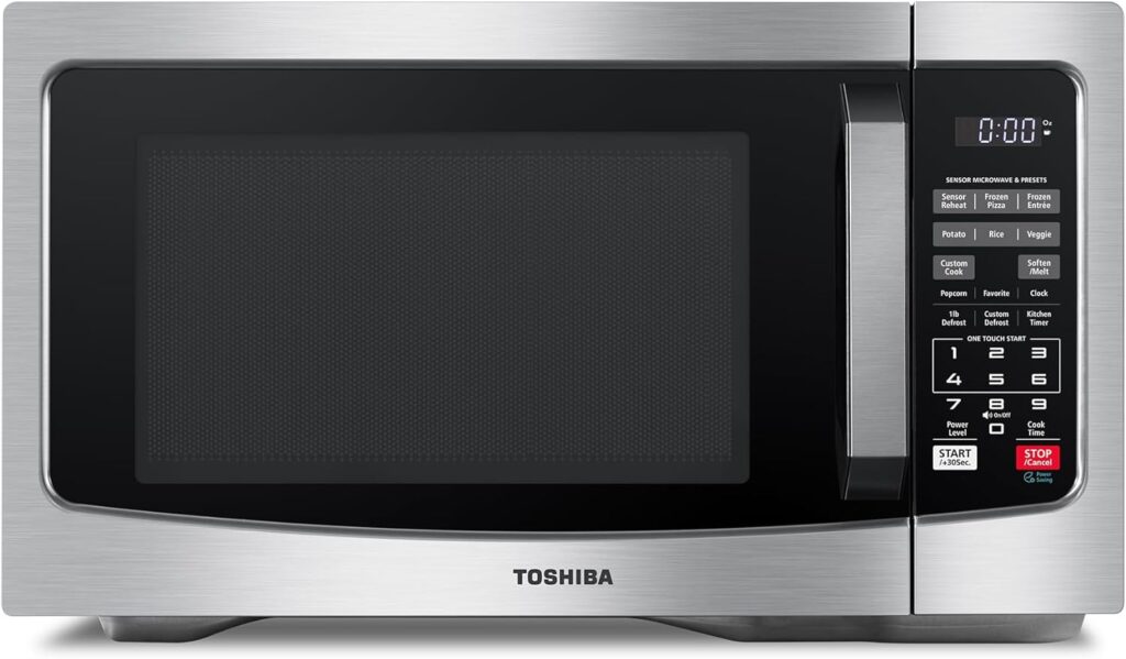 TOSHIBA EM131A5C-SS Countertop Microwave Ovens 1.2 Cu Ft with 12.4″ Removable Turntable Smart Humidity Sensor, 12 Auto Menus Mute Function ECO Mode Easy Clean Interior, 1000W, Silver