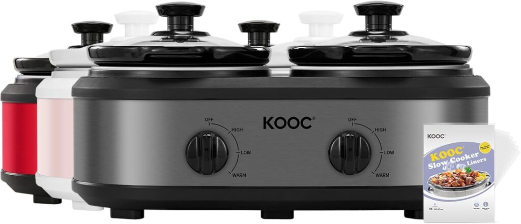 KOOC Double Small Slow Cooker, Buffet Server and Warmer, 2 Mini Pots with 3 Individual Adjustable Temp, Dual Ceramic Pots, Free Liners for Easy Clean-up, Stainless Steel, Total 2.5 Quart, Grey, Round