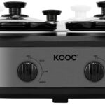 KOOC Double Small Slow Cooker, Buffet Server and Warmer, 2 Mini Pots with 3 Individual Adjustable Temp, Dual Ceramic Pots, Free Liners for Easy Clean-up, Stainless Steel, Total 2.5 Quart, Grey, Round