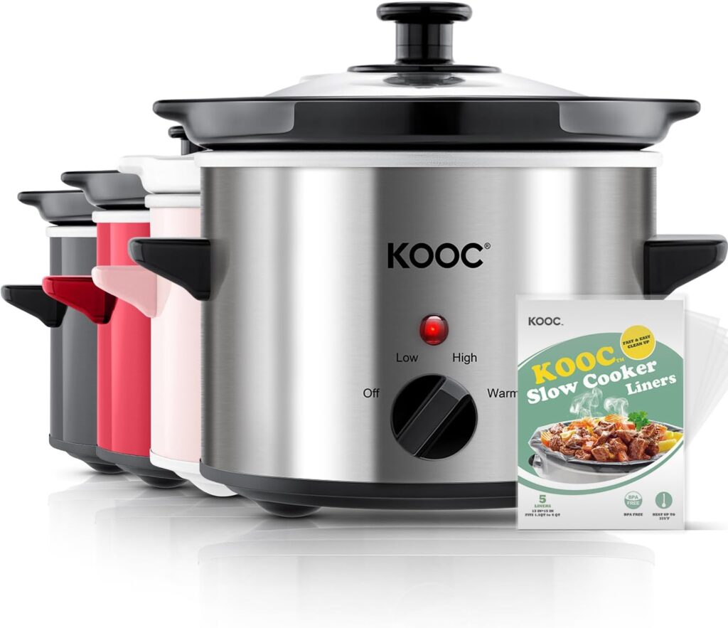 KOOC Small Slow Cooker, 2 Quart, Free Liners Included for Easy Clean-up, Upgraded Ceramic Crock, Adjustable Temp, Nutrient Loss Reduction, Stainless Steel, Silver, Round