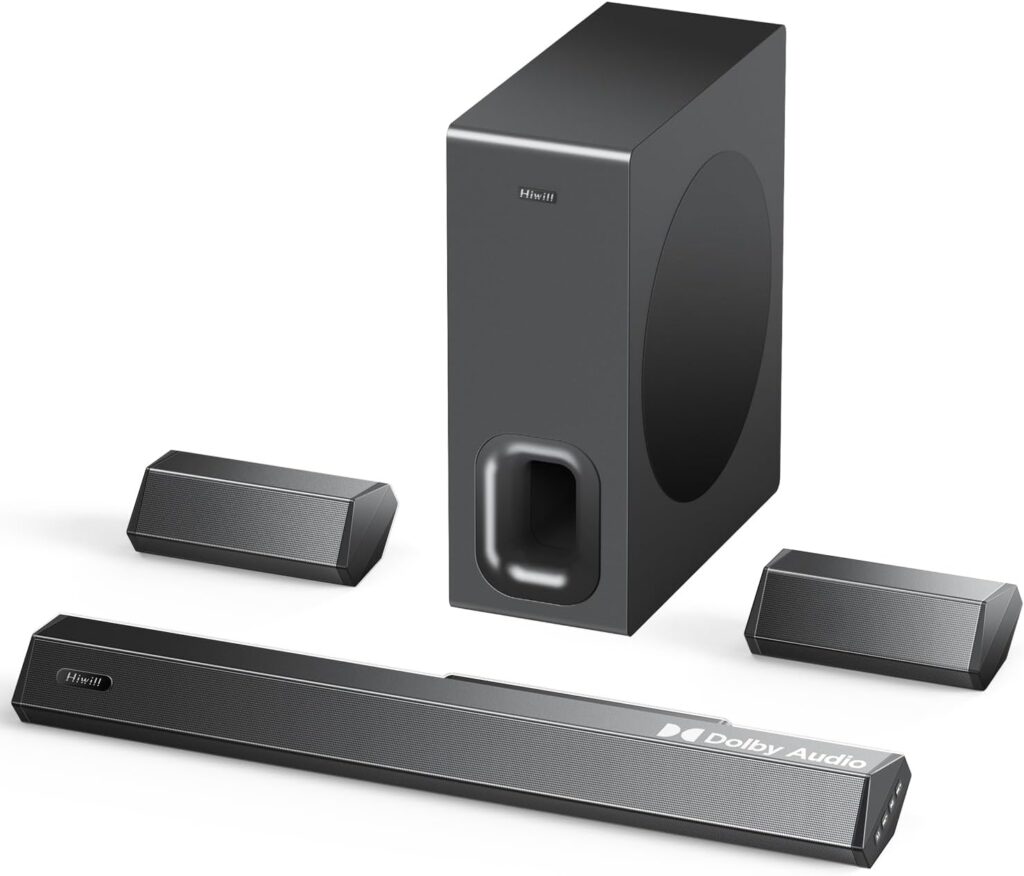 Hiwill 5.1ch Dolby Sound Bar for Smart TV, Surround Sound System for TV, Home Theater Soundbar with Wired Subwoofer, 2 Wired Surround Speakers, 12-level Adjustable Bass and Treble, BT/HDMI ARC/Opt/AUX