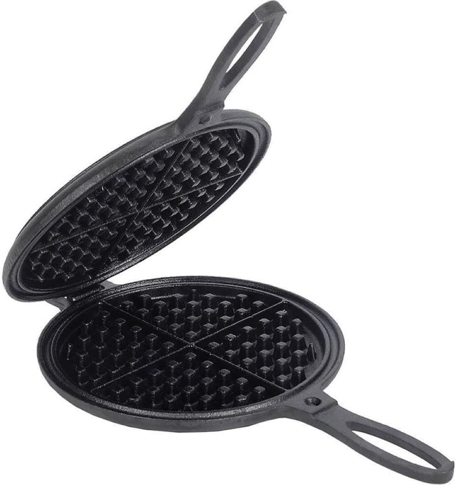Lehmans Cast Iron Waffle Maker – Two Piece Hinged Non-Electric Waffle Iron for Stovetop or Grill Makes 7 inch Round Waffles – Non-Drip Double Rim – 8 pounds
