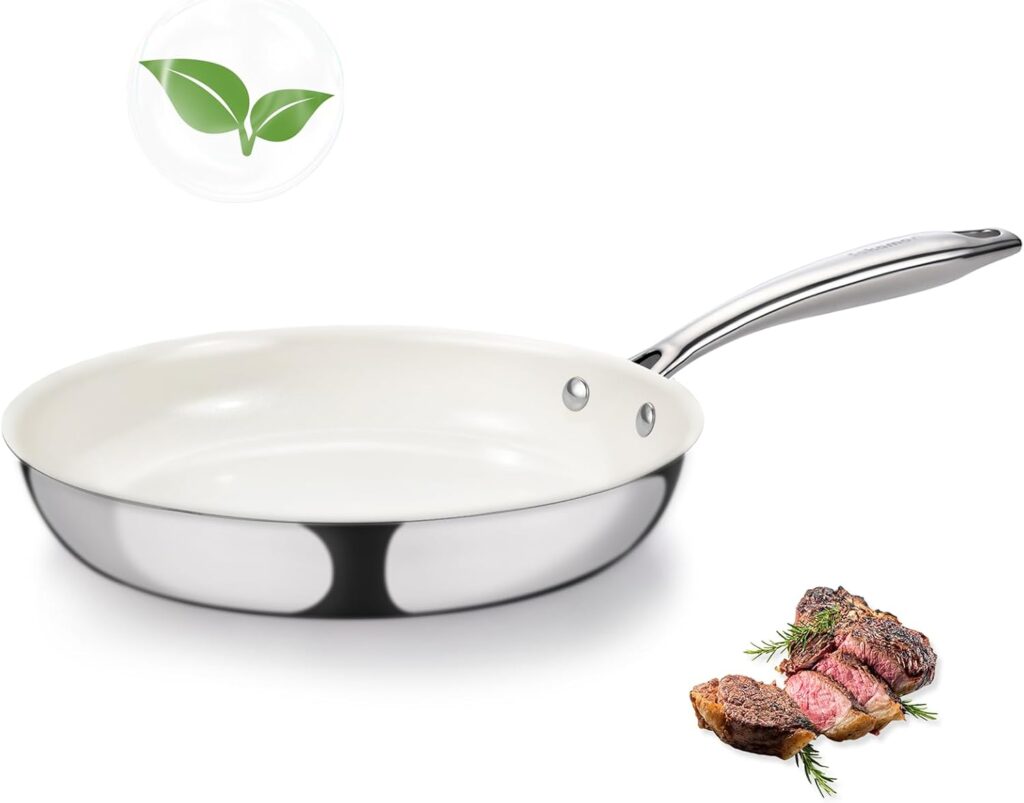 8″ Tri-Ply Stainless Steel Frying Pan, Nonstick Ceramic Pan, Skillet with Stay-Cool Handle, Non Toxic, PFAS PFOA PTFE Free, Dishwasher & Oven Safe, Induction, Compatible with All Cooktops