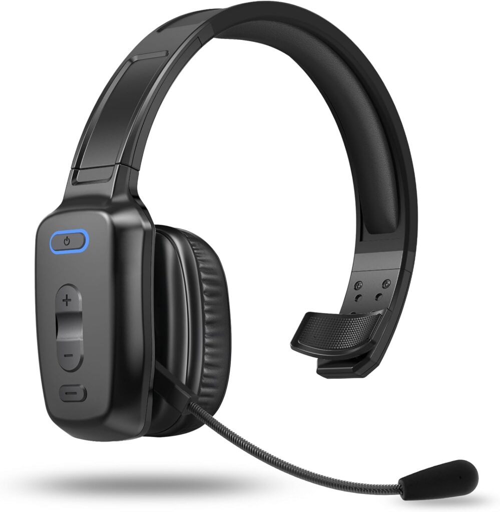 Bluetooth Headset, 60hrs Noise Canceling V5.2 Over Head Headphones, Single Ear Trucker Wireless Headset with Mic, Mute Button, Multipoint, for Phones PC Computer Truck Driver Office Work – Black