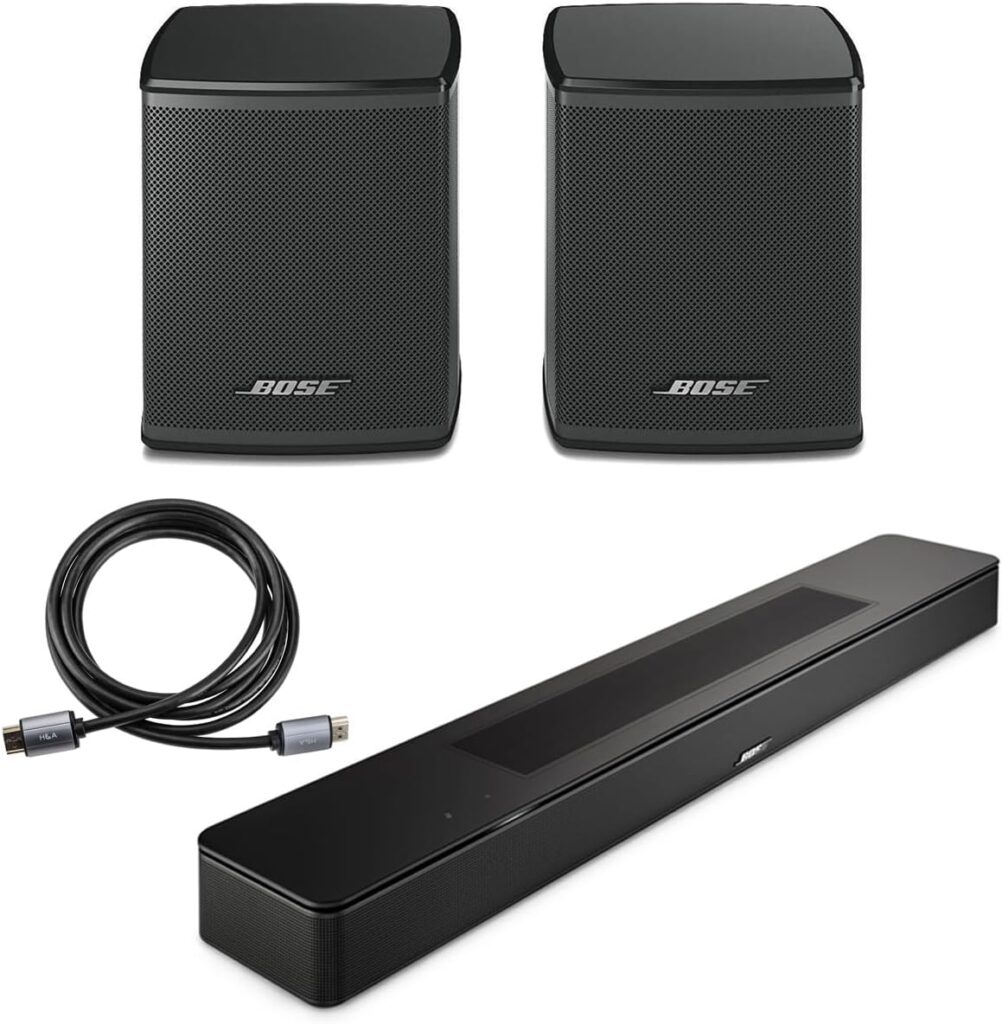 Bose Smart Soundbar, Black, Bundle with 2X Wireless Surround Speakers, 6′ HDMI 2.0 Cable