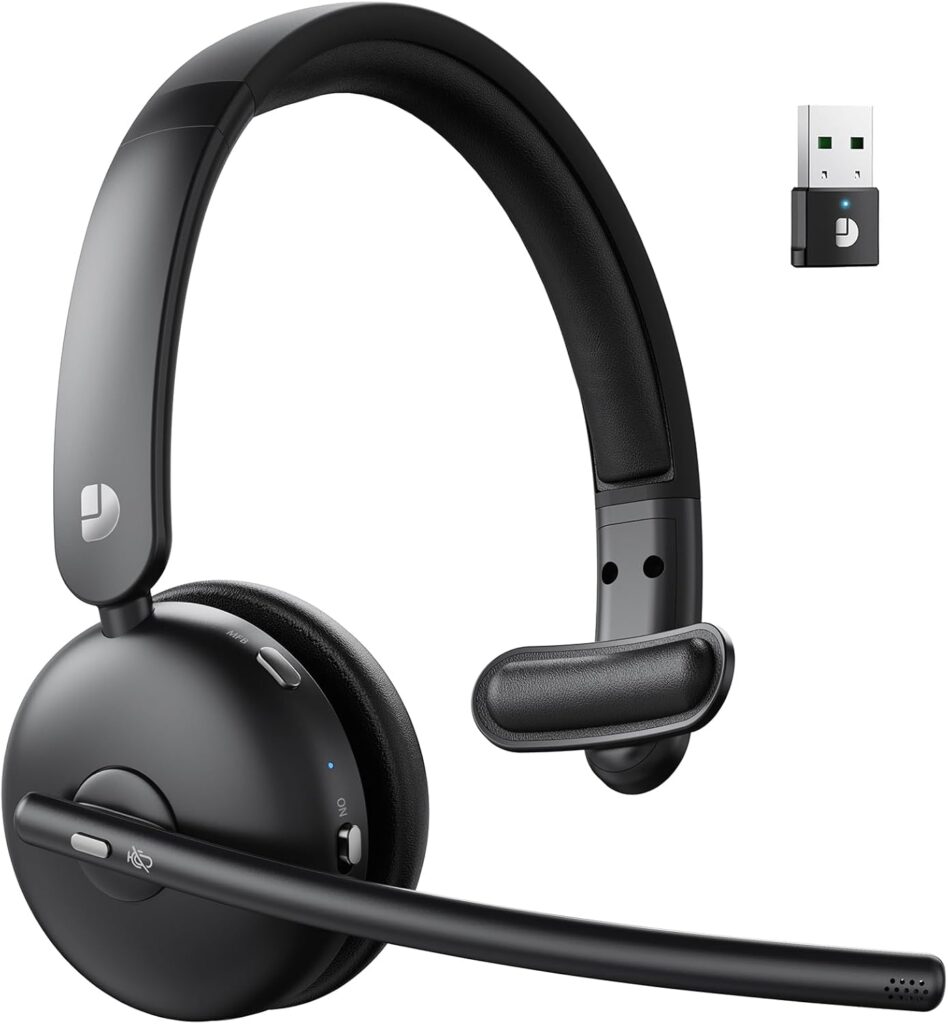 Wireless Headset with Mic for Work, Bluetooth 5.3 Headsets with AI Noise Cancelling, 60H Battery & Mute Function, Single-Ear Wireless Headset & USB Dongle, Fit for PC/Laptop/Teams/Skype/Call Center