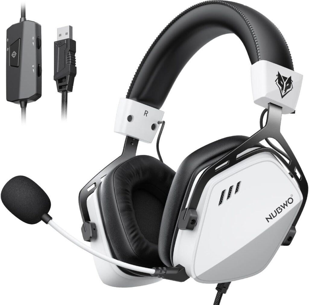 NUBWO HG03 USB-A Gaming Headset with 7.1 Surround and FPS Sound, Wired Headphones with Noise Canceling Mic, Comfortable Design for PC, Laptop – White
