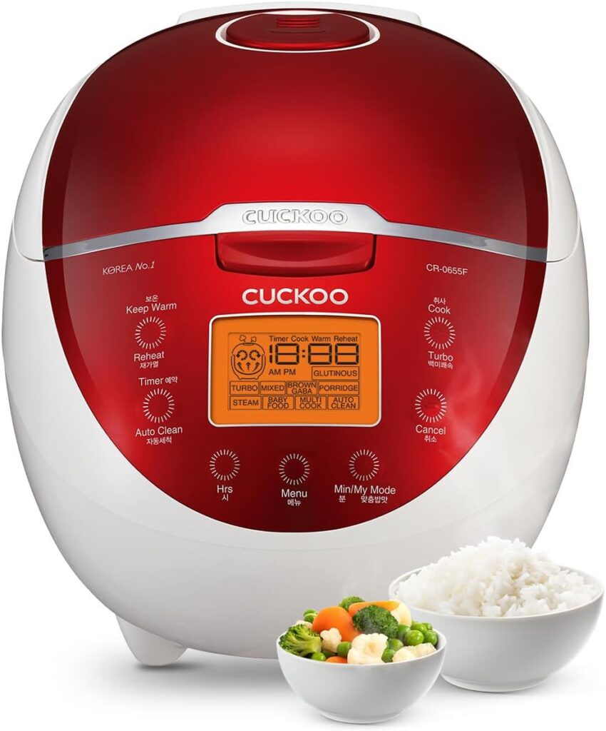 Cuckoo CR-0655F Rice Cooker & Warmer, 6 cups, LCD Display 11-Menu Options – White, Turbo, Mixed, and Brown/GABA Rice, Porridge, Steam Multi Cook, My Mode, 16-Various Cooking Methods, Sm, Red/White