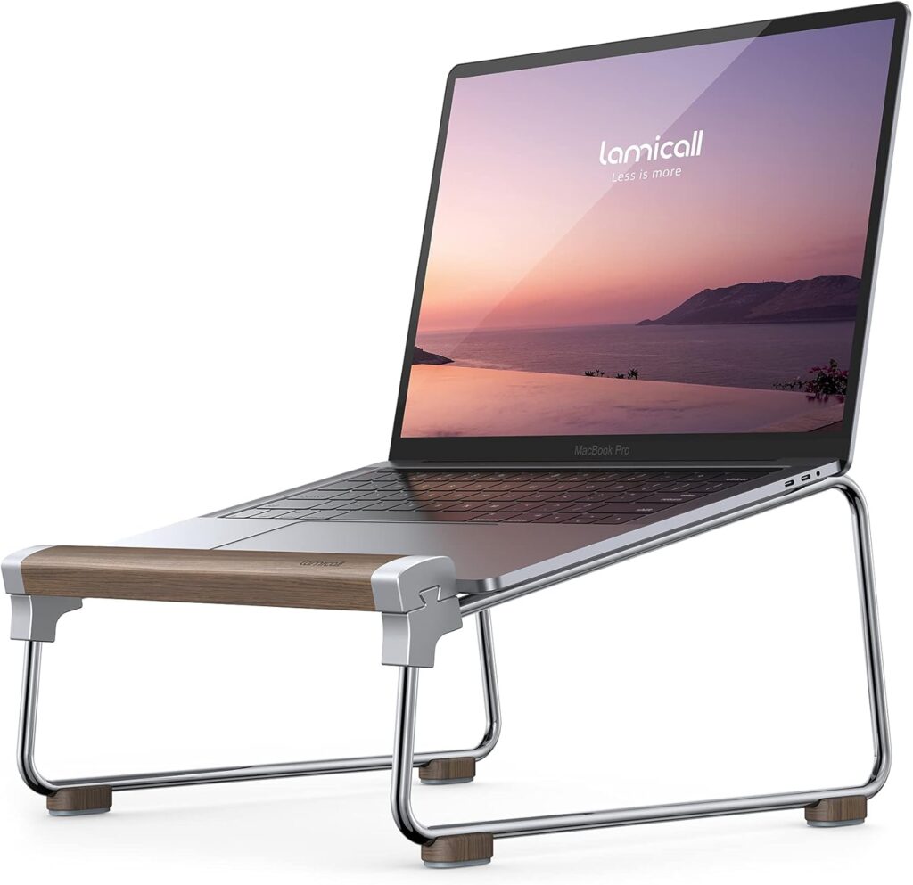 Lamicall Laptop Stand Desk, Walnut Wood Laptop Riser Portable Removable Aluminum Ventilated Ergonomic Computer Notebook Stand Holder Elevator, for MacBook Air Pro, Dell XPS, HP (10-16”) – Silver
