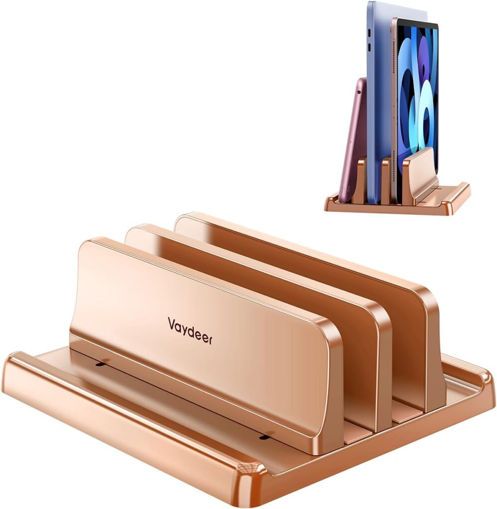 Vaydeer Vertical Laptop Stand for Desk, Dual Slots Plastic Laptop Holder with Space Saving 4-in-1 Design, Adjustable Laptop Stand Supports MacBook, Chromebook, Surface, Dell (Rose Gold)
