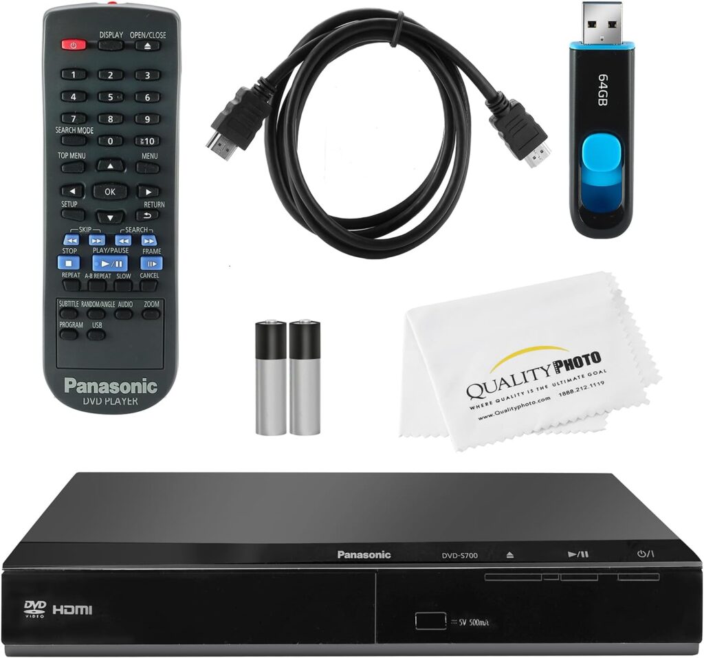 Panasonic DVD Player DVD-S700 + Remote Control + High Speed 6 Foot 4K HDMI Cable + Ultra USB Flash Drive 64GB and Quality Photo Microfiber Cloth