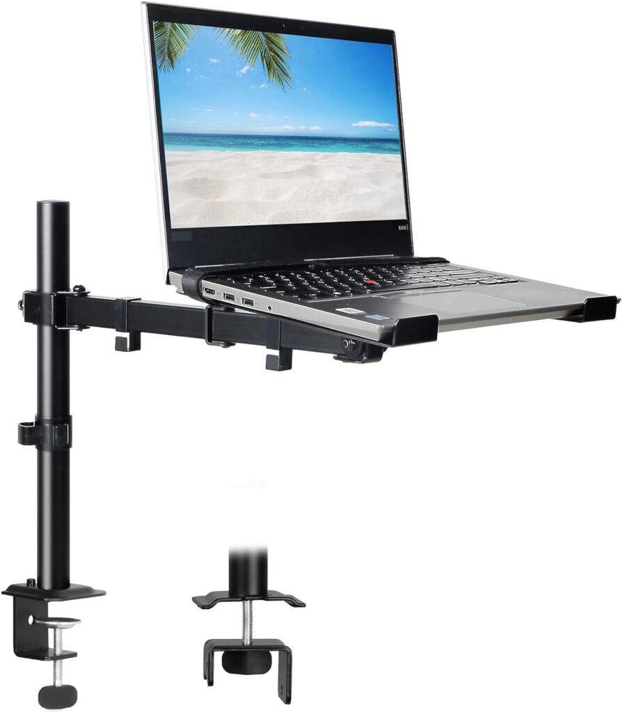 Laptop Desk Mount, Single Laptop Stand Arm with Vented Tray for 17 inch Notebook or 14”-32” Monitor, Holds up to 17.6 lbs, Fully Adjustable, Clamp/Grommet Mounting, VESA 75/100mm