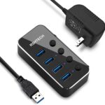 Powered USB Hub, RSHTECH 4 Port USB 3.0 Hub Splitter Portable Aluminum USB Data Hub Expander with Individual On/Off Switch and Universal 5V AC Adapter, 3.3ft USB 3.0 Cable (RSH-516)