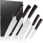 Kitchen Knife Set – 5 Pieces | Includes 8″ Chef Knife, 7″ Santoku, 8″ Bread, 5″ Utility, 3.5″ Paring | Japanese Style High Carbon Steel Blades, Pakkawood Handles, Ultra Sharp Kitchen Tools