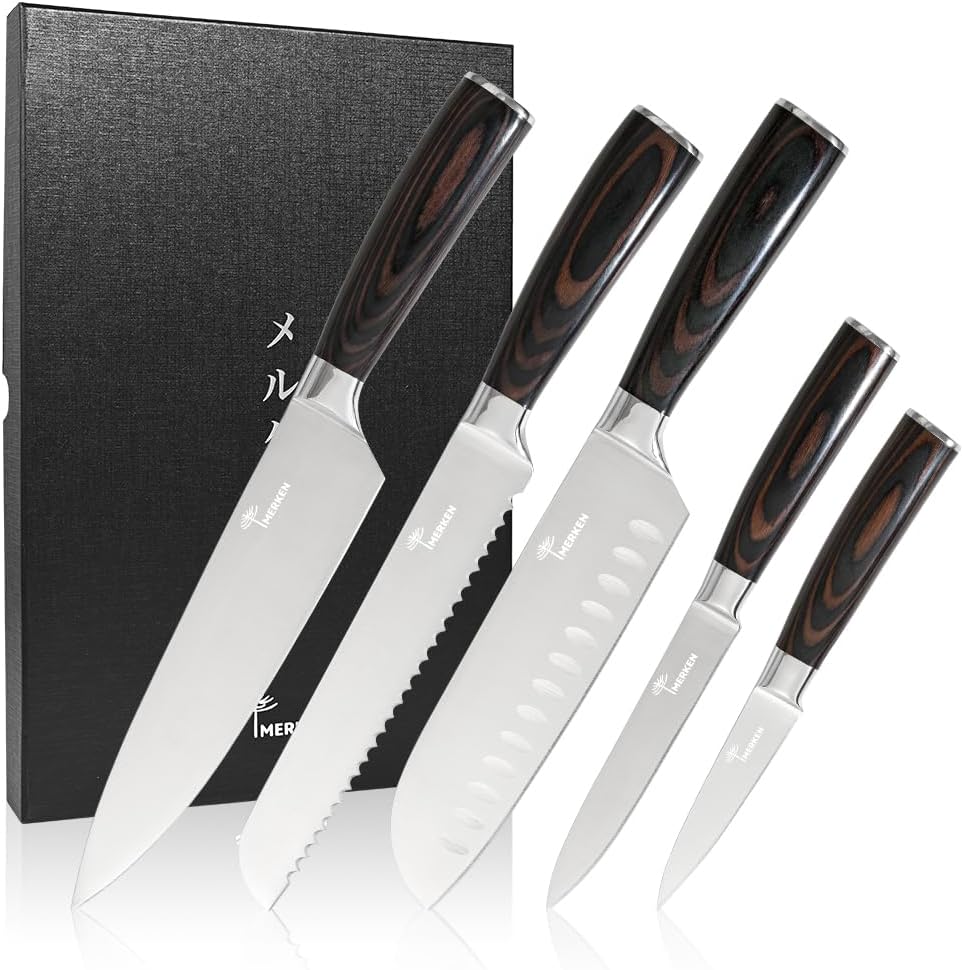 Kitchen Knife Set – 5 Pieces | Includes 8″ Chef Knife, 7″ Santoku, 8″ Bread, 5″ Utility, 3.5″ Paring | Japanese Style High Carbon Steel Blades, Pakkawood Handles, Ultra Sharp Kitchen Tools