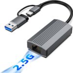 2.5G USB C USB 3.0 Ethernet Adapter, Ethernet Adapter for Laptop, Aluminum, Type C (Thunderbolt 4/3 Compatible) to RJ45 Network Internet, Compatible for NAS, MacBook Air/Pro, XPS, iPhone 16/15 Pro