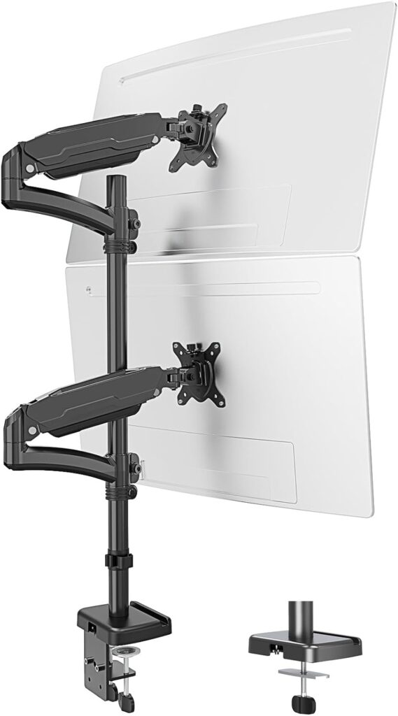 MOUNT PRO Vertical Dual Monitor Mount, Stacked Monitor Stand for 2 Computer Screens up to 32 inches, Fully Adjustable Gas Spring Display Desk Mount, Each Arm Holds up to 17.6lbs, VESA Mount