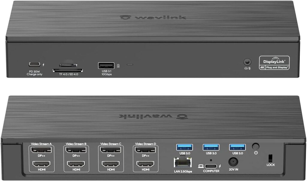 WAVLINK 18-in-1 Quad Monitor USB C Docking Station with 4 HDMI, 4 Displayport, Compatible for Mac Windows Thunderbolt 4/3, 180W Power, 2.5G Ethernet, USB3.0, SD/TF, Audio/Mic (Quad Monitor Display)