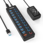 Powered USB Hub, 11-Port USB 3.0 Hub Splitter – 10 USB 3.0 Data Transfer Ports + 1 Smart Charging Port, USB Hub 3.0 Powered with Individual LED On/Off Switches and 5V/4A Power Adapter
