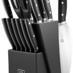 MasterChef Kitchen Knife Set with Block and Sharpener Plus Scissors, 15pc Chef Knife Set of Professional Grade Kitchen Knives with Sharpened High Carbon Stainless Steel Blades & Triple Riveted Handles