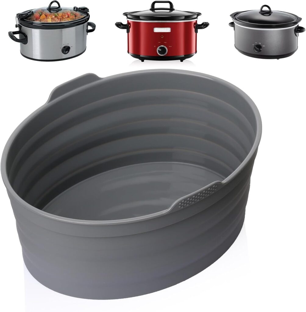 Slow Cooker Liners, Foldable Reusable Silicone Cooking Liners Compatible with Crock-Pot & Hamilton Beach Oval 6 QT, Leakproof Dishwasher Safe Slow Cooker Accessories for Most Oval Shape 1 PCS Grey