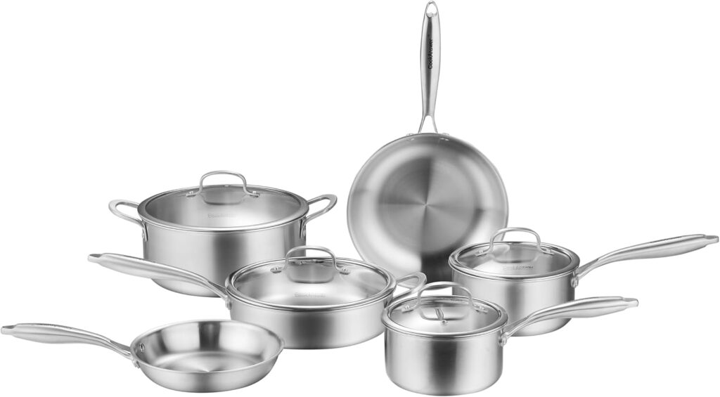 10-Piece Tri-Ply Stainless Steel Cookware Set – Induction-Ready, Glass Lids,Pots and Pans Kitchen Set, Riveted Handles, Dishwasher Safe, Compatible with All Cooktops
