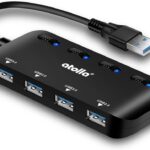 USB 3.0 Hub Splitter – USB Extender 4 Port USB Ultra Slim Data Hub with Individual Power Switch and LED