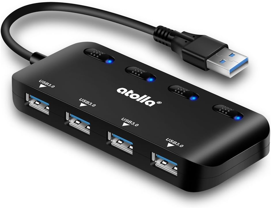 USB 3.0 Hub Splitter – USB Extender 4 Port USB Ultra Slim Data Hub with Individual Power Switch and LED
