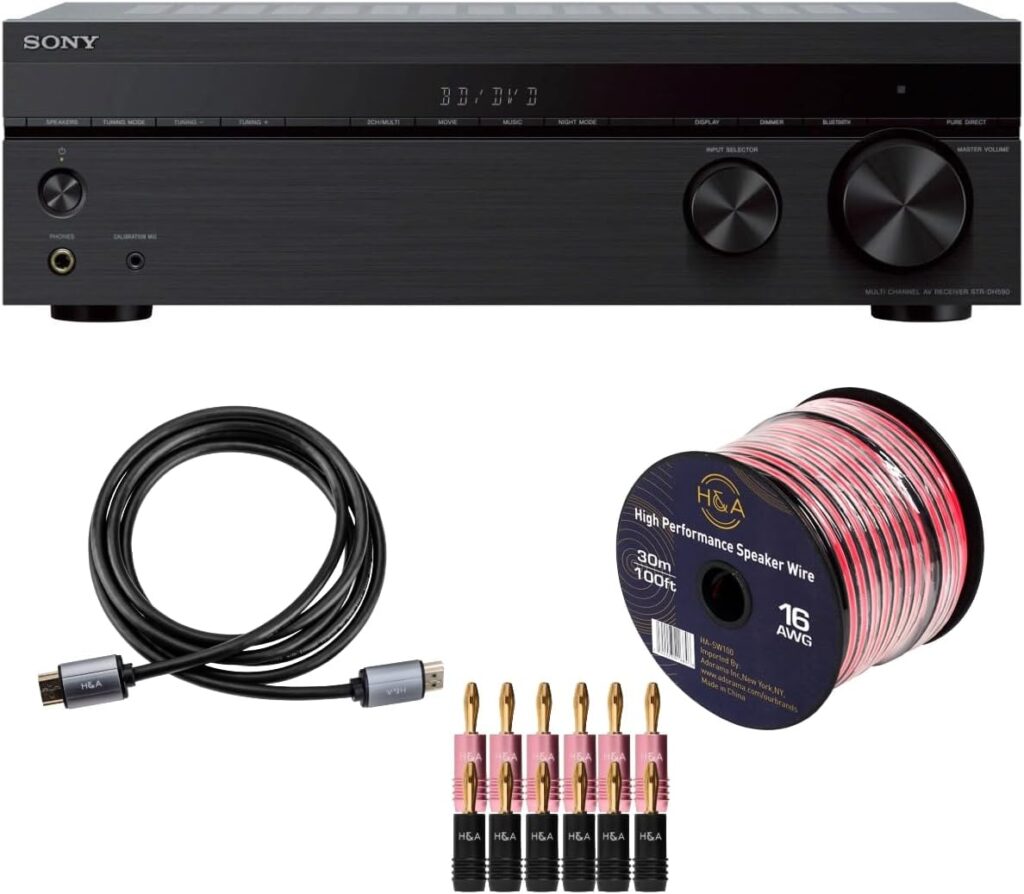 Sony STRDH590 5.2 Channel Surround Sound Home Theater Receiver: 4K HDR AV Receiver with Bluetooth, Black Bundle + H&A HDMI Cable & 100Ft 16 AWG Wire Cable + 6 Pairs Speaker Connector Banana Plugs