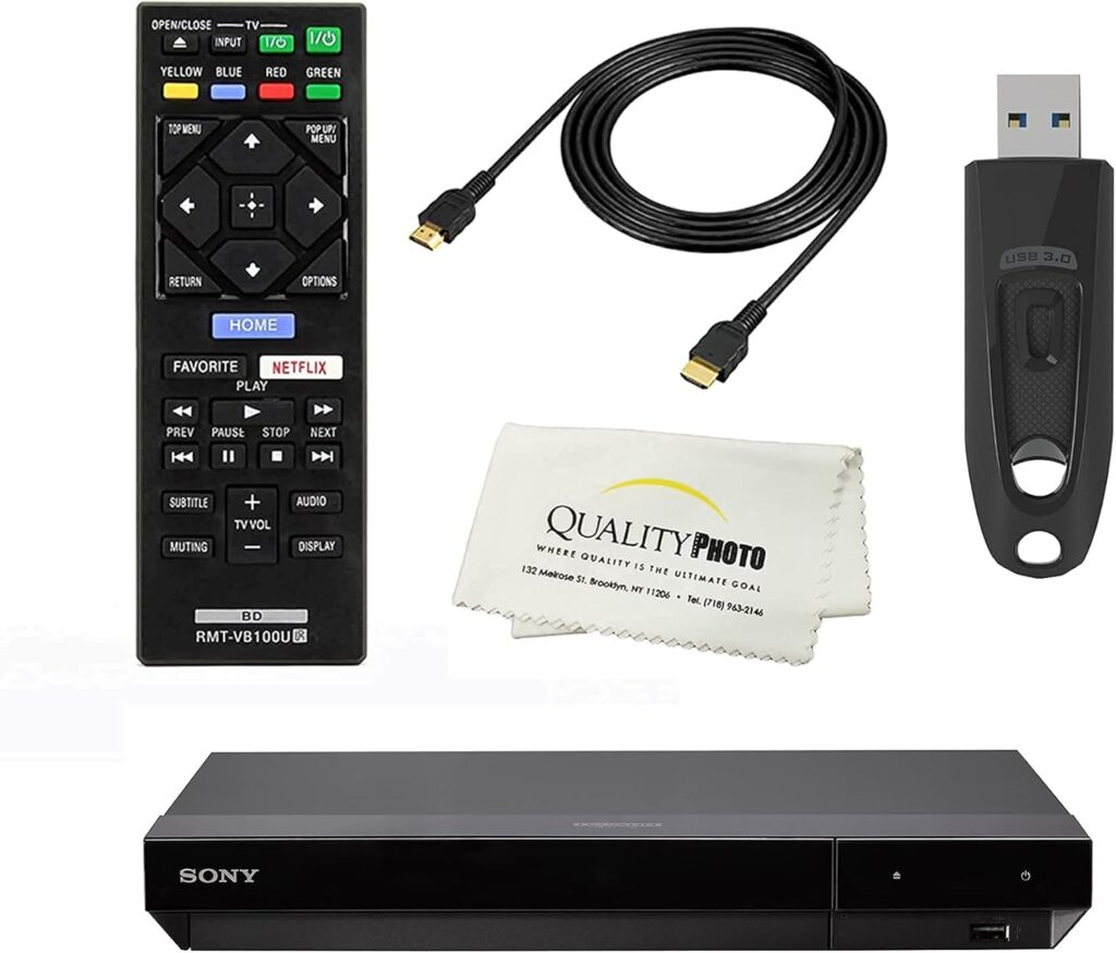 Sony UBPX700 4K Ultra HD Home Theater Streaming Blu-ray DVD Player Built in Wi-Fi – Remote Control – High Speed 6 Foot 4K HDMI Cable – Ultra USB Flash Drive 64GB