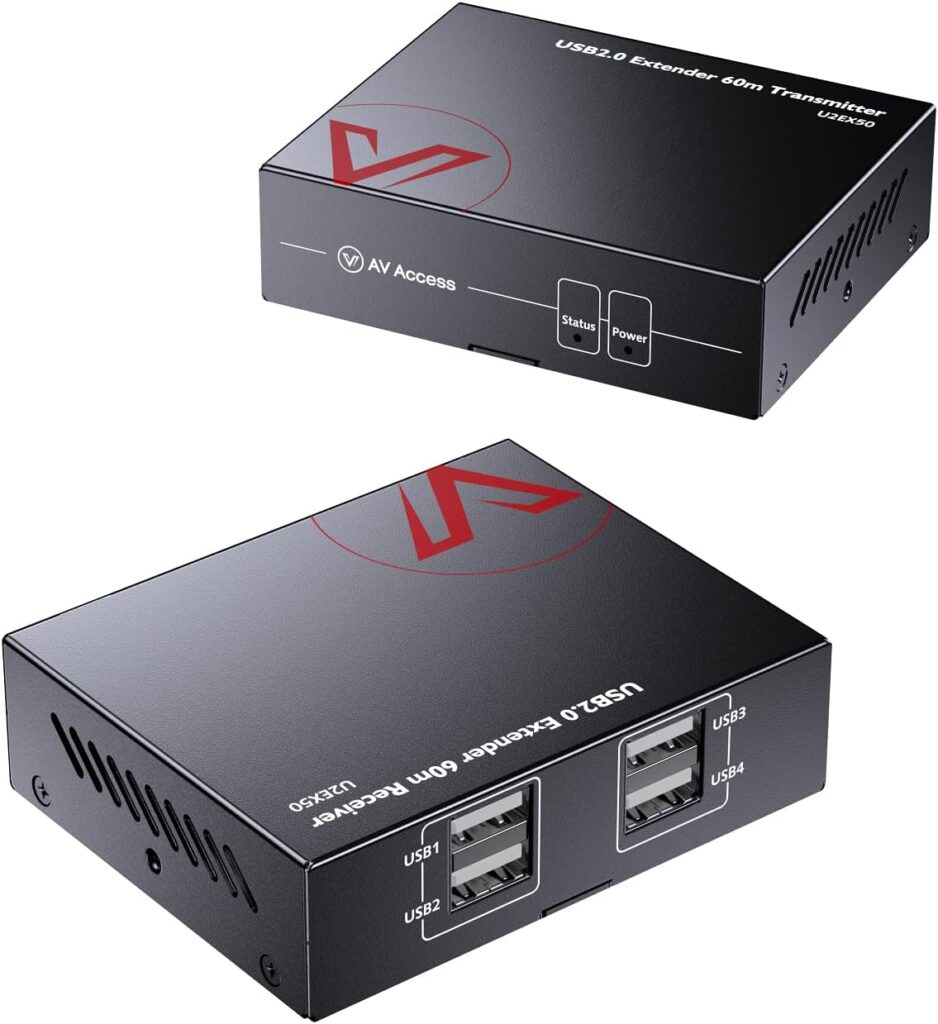 AV Access USB Extender Over Cat5e/6 196ft/60M, 4 USB 2.0 Ports, Plug and Play, No Driver, Supports All Operating System, Two Webcams Work Synchronously, Keyboard and Mouse Over Ethernet