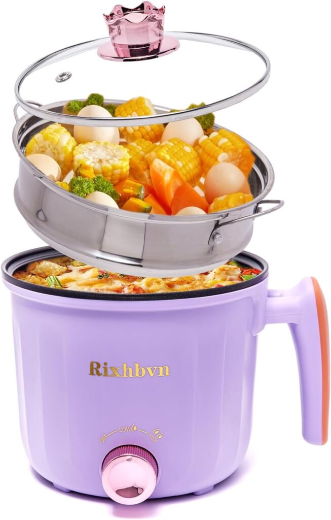 Hot Pot Electric with Steamer, Rapid Noodles Cooker,Non-Stick Electric Pot for Raman, Soup, Noodles, Steak, Oatmeal, Rapid, with Temperature control, (Rotary switch), 1.8L,Purple