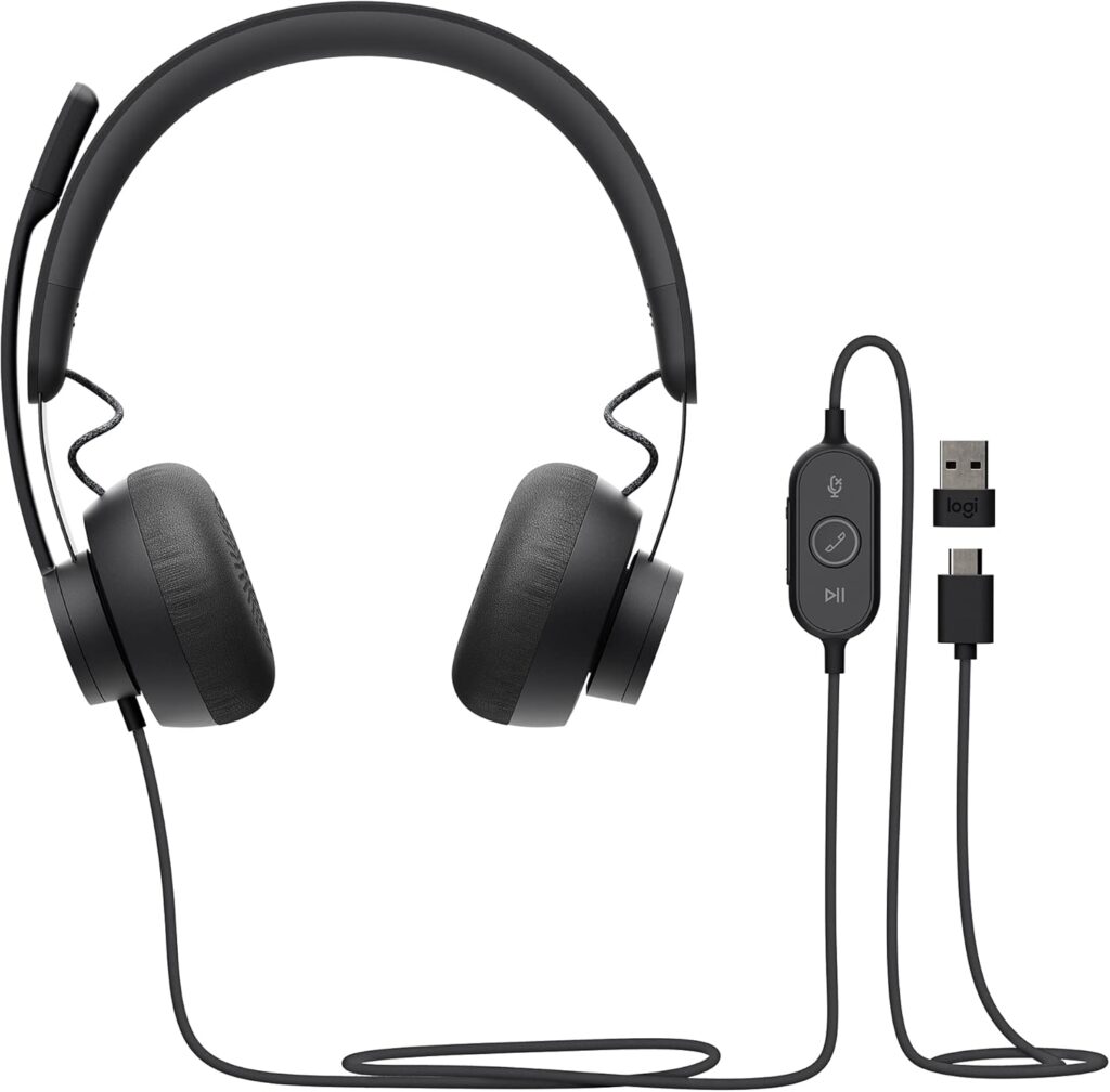 Logitech Zone Wired Headset, Certified for Microsoft Teams with advanced noise-canceling mic technology for open office environments, USB-C with USB-A adapter, Graphite